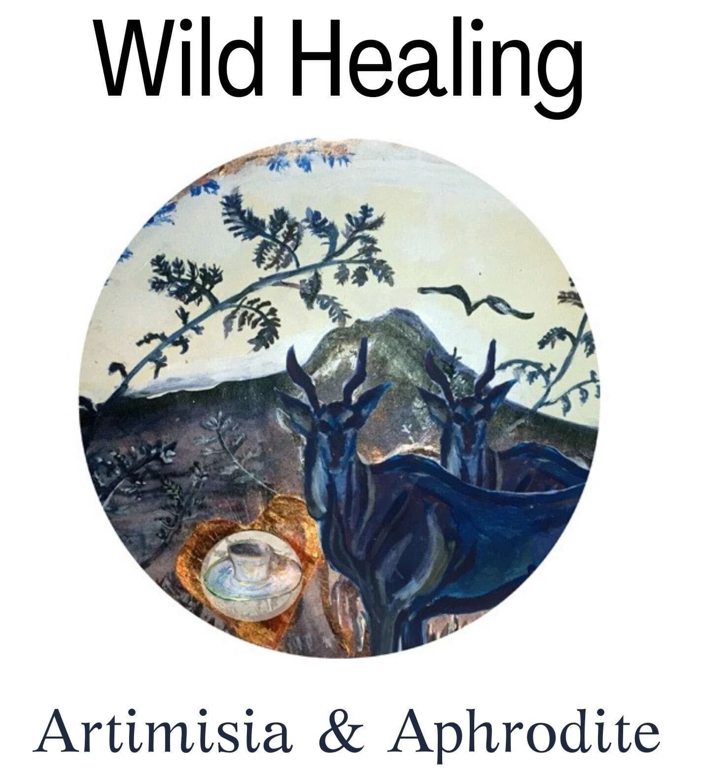 Wild Healing, Artimisia & Aphrodite: Helena's painting of two eland, a mountain and a teacup on a gold-leaf heart